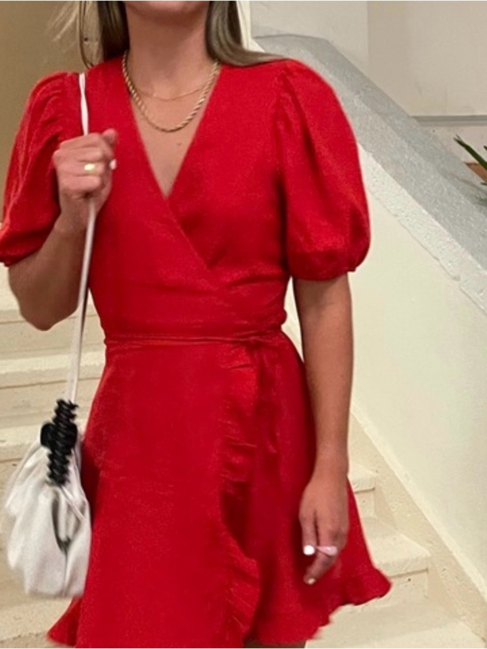 Zara Vibrant Red Linen Blend Wrap Mini Dress with Puff Sleeves